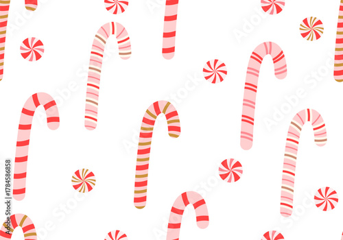 Christmas Candy Cane Red Doodle Seamless Pattern. Christmas candy lollipop seamless pattern. New Year pattern