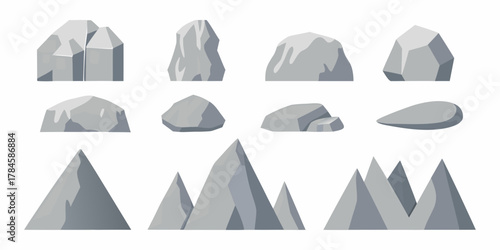 Collection of stylized grey rocks and mountain peaks in a flat design style