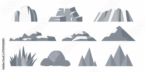 Collection of flat design grey rocks and mountain peaks in various shapes and sizes