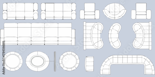 Collection of modern furniture designs including sofas armchairs and modular seating arrangements in top down and side views