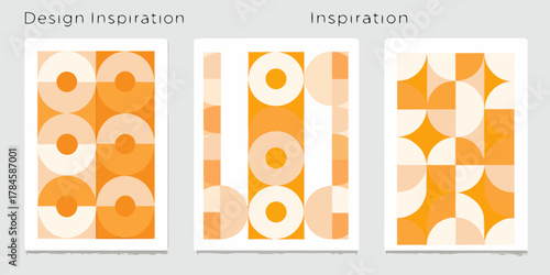 Modern geometric abstract art posters featuring circles and squares in orange and cream tones