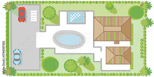 Aerial view of a modern house with a swimming pool and a car in the driveway