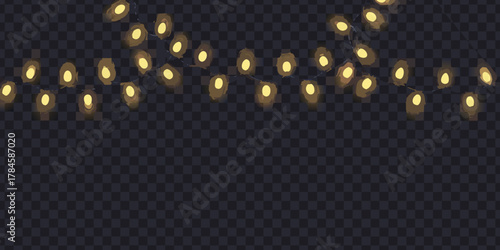 String of warm yellow glowing lights draped across a dark transparent background