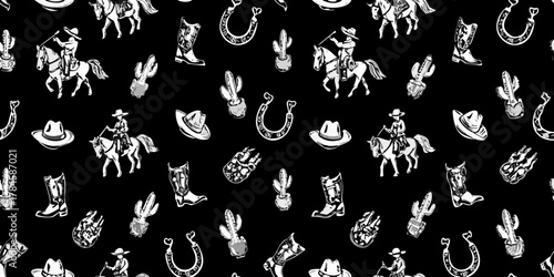 Whimsical western pattern featuring cowboys on horses cacti horseshoes and boots on black background