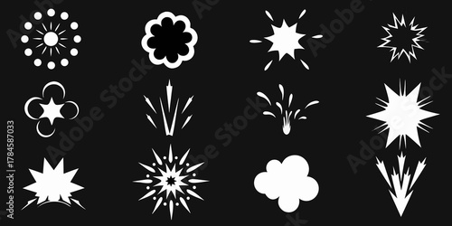 Collection of twelve white cartoon explosion and burst graphic elements on a black background