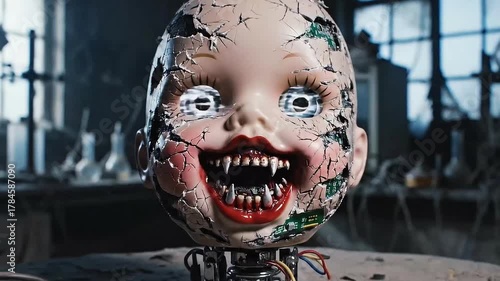 Zombie Girl moving her face around  scary zombie girl with skull Creepy doll with cracked face and glowing eyes sitting chair. halloween horror suspense dark, unsettling scene perfect thrillers