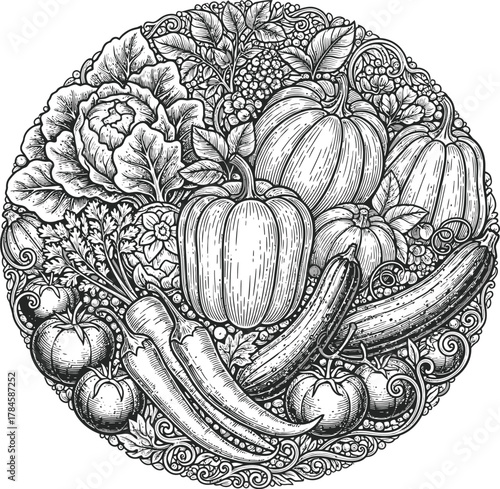 Detailed line art illustration of vegetables harvest farm fresh produce eps silhouette