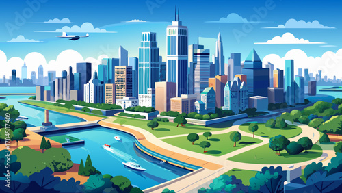 Very beautiful aerial drone view of the Chicago skyline from Lincoln Park, Illinois, USA, featuring downtown skyscrapers rising along Lake Michigan, clear blue water, and a realistic vibrant urban 