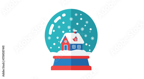 Vibrant vector illustration of a classic snow globe, showcasing a picturesque house amidst falling snowflakes, capturing the magic of winter holidays