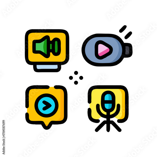 Set of Media, Audio, and Content Production Line Icons (Alternative: Volume, Video Player, and Microphone Vector Symbols Collection)