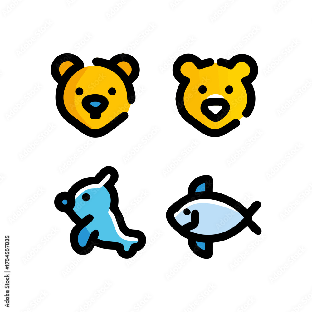 Obraz premium Set of Cute Animal Face and Marine Life Line Icons (Alternative: Bear, Seal, and Fish Cartoon Vector Symbols)