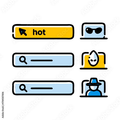 Set of Search Bar, Popular Queries, and Incognito Mode Line Icons (Alternative: Trending Topics and Anonymous Browsing Vector Symbols)