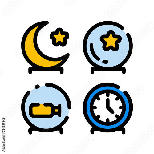 Set of Night, Fortune Telling, and Clock Line Icons (Alternative: Moon, Star, Crystal Ball, and Time Vector Symbols Collection)