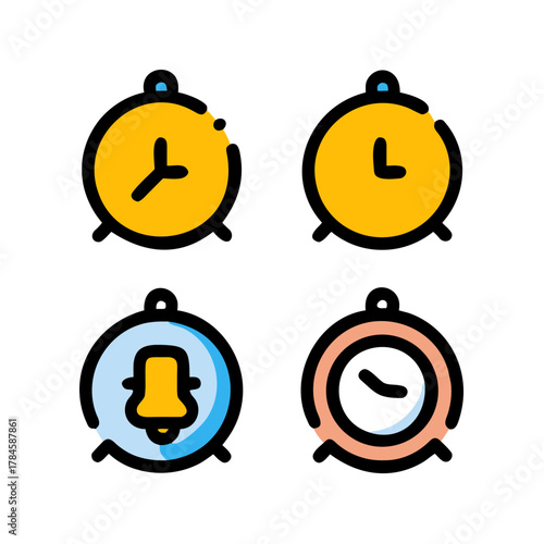 Set of Alarm Clock and Time Line Icons with Color (Alternative: Wake Up and Reminder Vector Symbols Collection)