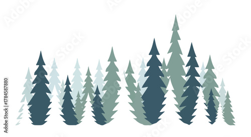 Stylized forest landscape with a silhouette of abstract evergreen trees in varying shades of green and blue, creating a serene natural outdoor scene
