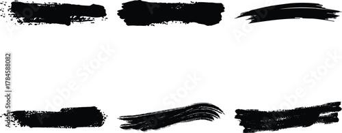 Collection of six rough black paint brush stroke textures isolated on transparent background