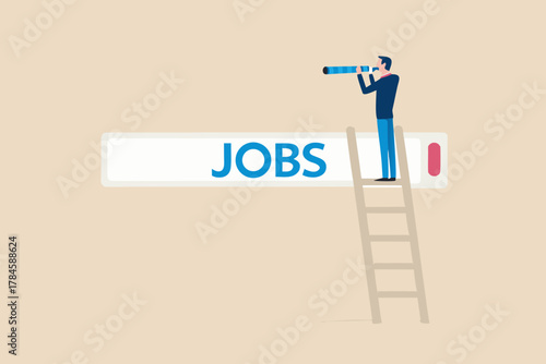 Man with telescope on ladder searching for jobs in a search bar illustration