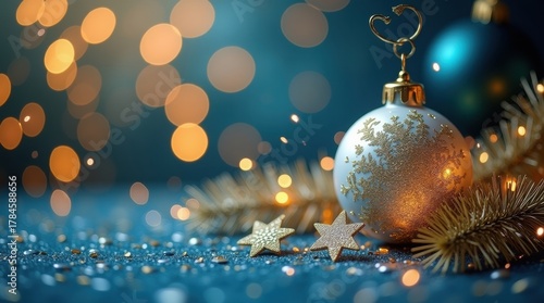 Close-up of a luxurious blue and gold Christmas ornament surrounded by glittering beads, set against a shimmering bokeh background, perfect for winter holiday and festive themes.