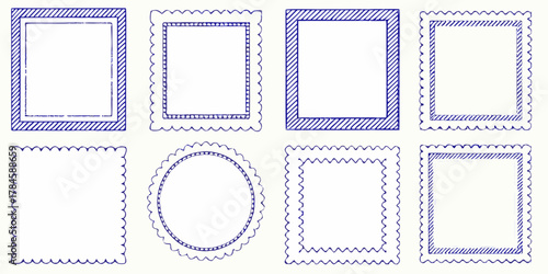 Collection of eight hand drawn blue ink frames and borders with decorative edges and striped patterns