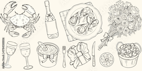 Elegant hand drawn illustration of a seafood dinner celebration with champagne and flowers