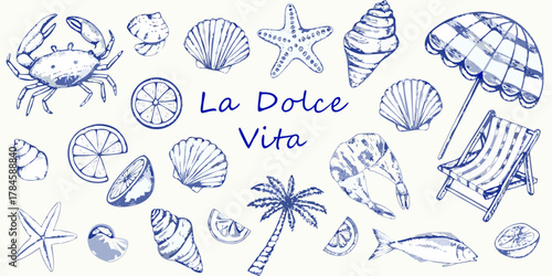 Charming blue sketch of beach elements and italian phrase la dolce vita