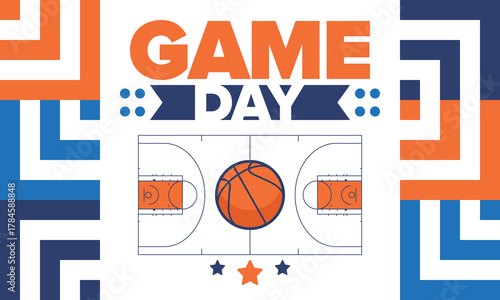 Game Day. Basketball playoff in March. Super sport party in United States. Final games of season tournament. Professional team championship. Ball for basketball. Sport poster. Vector