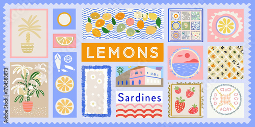 A vibrant collage of colorful illustrations featuring lemons sardines houses and tropical plants in a playful flat design style