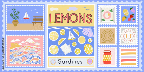 Collection of charming postage stamps featuring summer vacation themes like lemons sardines and seaside scenery