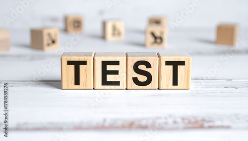 Wooden blocks spelling out the word TEST on a white wooden surface
