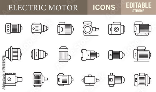 Outline vector icons showing industrial motor equipment and components for technology and production themes.