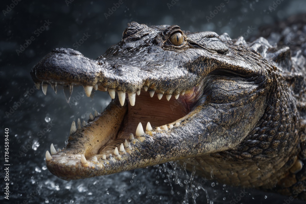 Fototapeta premium Powerful alligator in water, mouth wide open, sharp teeth, intense gaze.