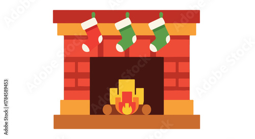 Festive brick fireplace with brightly colored Christmas stockings and a glowing fire, symbolizing winter holidays and cozy home celebrations