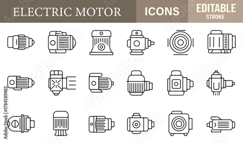Minimalist editable stroke icon set of electric motor designs for mechanical, industrial, and automation concepts.
