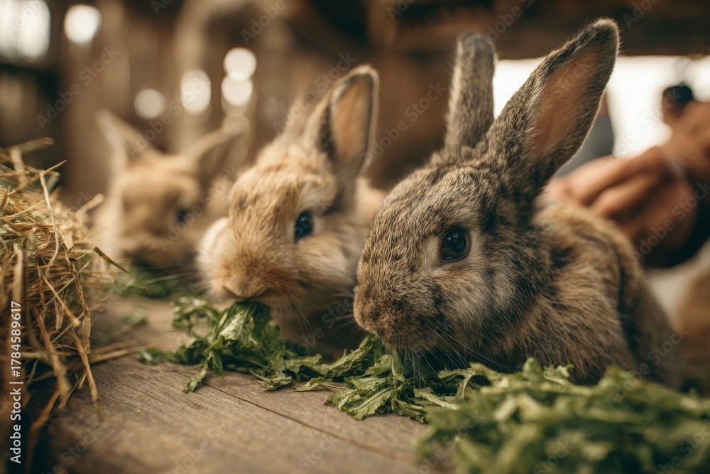 Fototapeta premium Adorable young rabbits munching fresh green vegetables on a rustic farm.