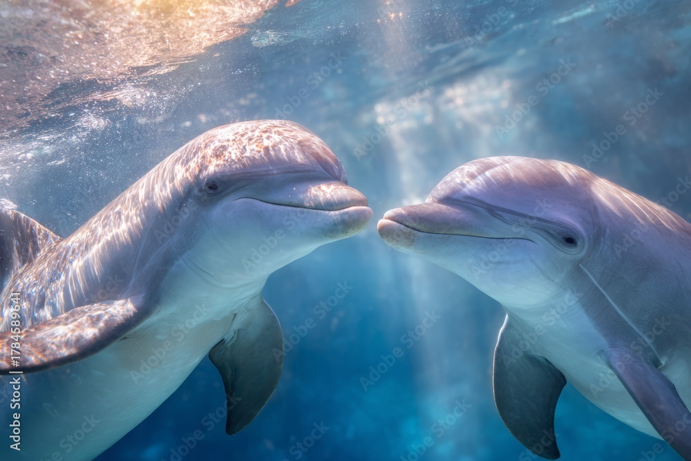 Naklejka premium Two friendly dolphins underwater, gracefully bathed in golden sunlit rays.