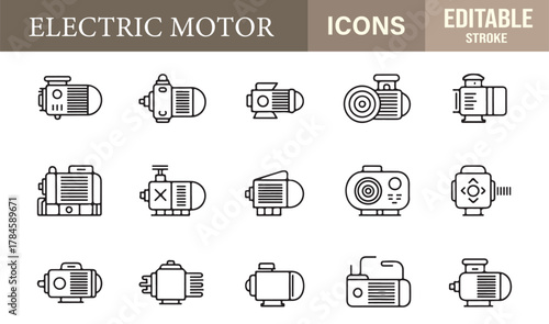 Editable outline vector icons of electric motors and mechanical components for industrial and engineering designs.