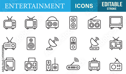 Line vector collection of home entertainment equipment icons such as remotes, radios, and speakers.