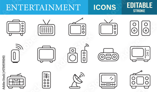 Vector pack featuring television, satellite, and audio system icons for modern entertainment illustrations.