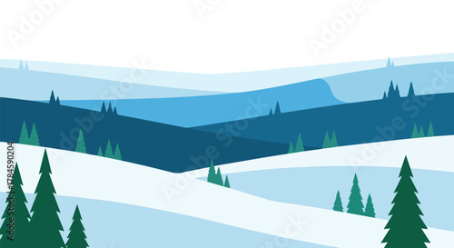 Winter landscape illustration featuring snow, trees, and layered mountains in shades of blue for serene backgrounds