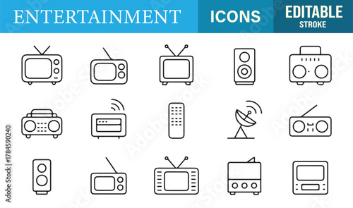 Editable outline vector icons of entertainment devices including TV, radio, and speaker for media and technology designs.