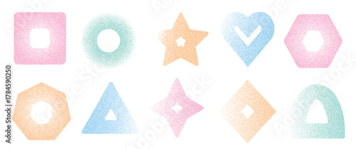 Pastel drawn geometric shapes figures set. Grainy noise textured y2k frame elements. Vector pink and blue illustration 