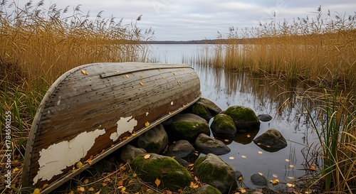 Overturned Wooden Boat on Mossy Rocks by a Calm Lake Shore with Reeds.