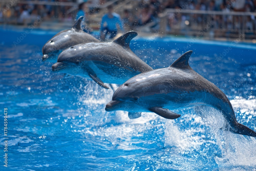 Fototapeta premium Three dolphins leap gracefully from bright blue water during an exciting performance show