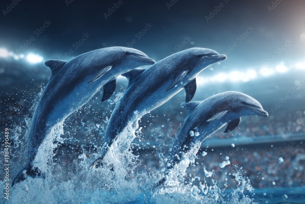 Obraz premium A spectacular show of three powerful dolphins leaping from the water with splashes