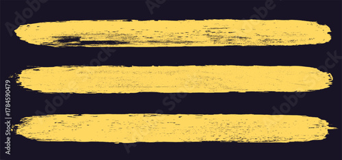 Straight grunge yellow handwritten underlines. Linocut rolled brush stroke set. Handmade ink rectangle rough stamps. Vector wall paint lines shapes. 
