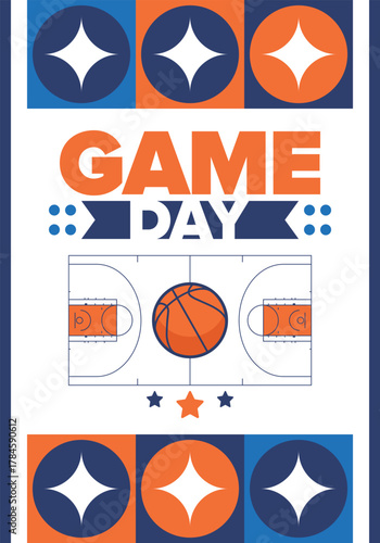 Game Day. Basketball playoff in March. Super sport party in United States. Final games of season tournament. Professional team championship. Ball for basketball. Sport poster. Vector