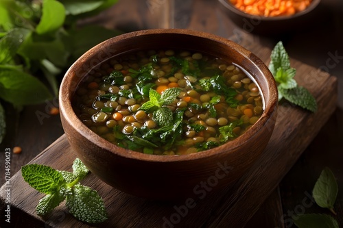 Lentil Soup In Rustic Bowl With Fresh Herbs Plant Based Protein Warming Comfort Food