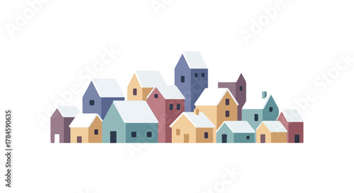 Charming winter settlement colorful houses nestled under a blanket of snow