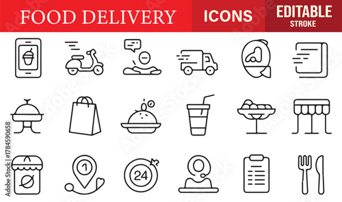 Outline vector pack featuring courier, map, and restaurant icons for food transport and takeaway designs.