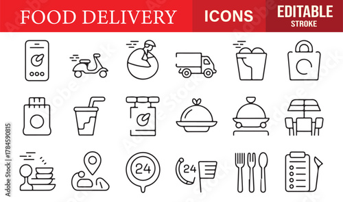 Vector line icon collection showing delivery scooter, restaurant, and meal items for fast food illustration.